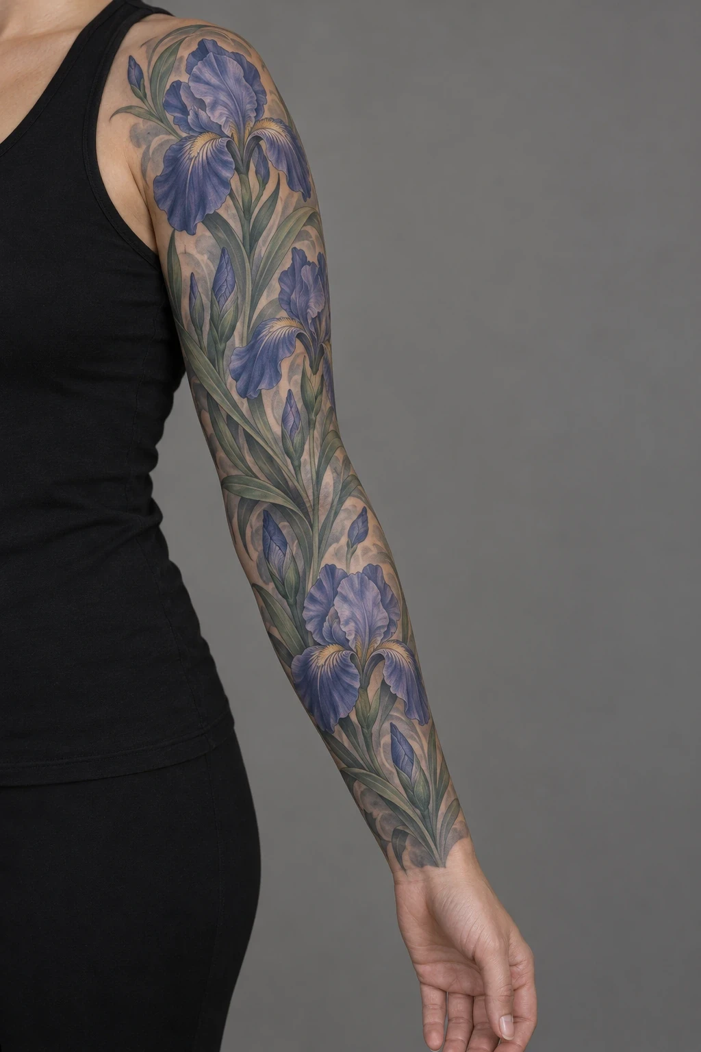 Blue-violet irises and long green leaves in a full floral sleeve
