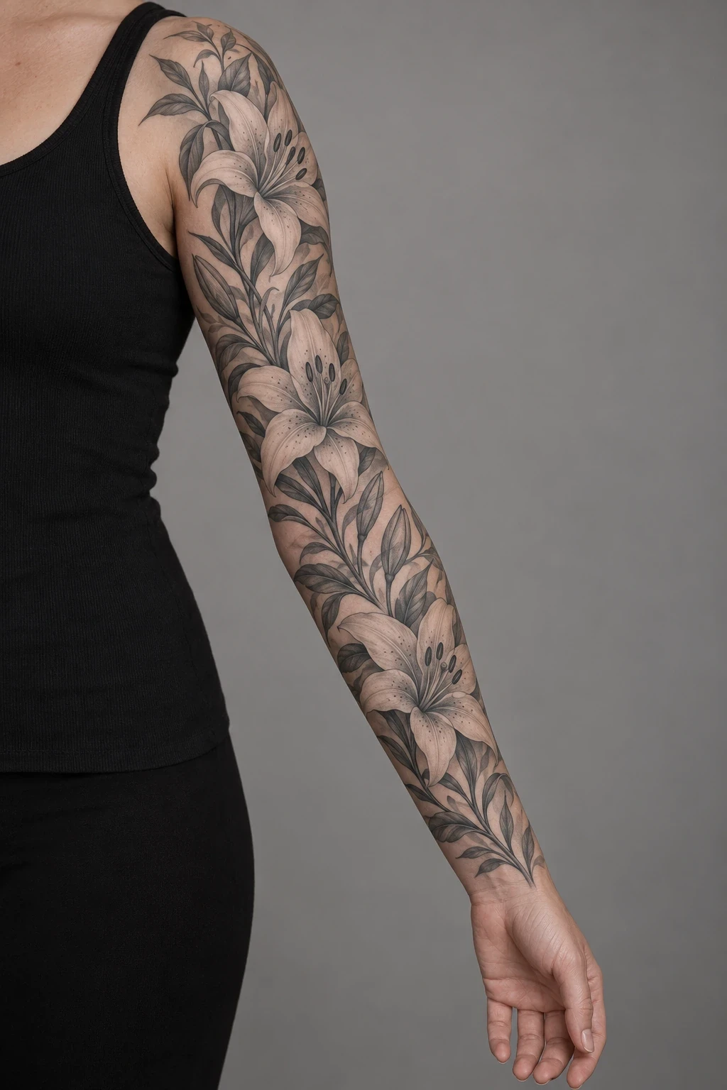 Black and grey lilies with long leaves in a complete arm sleeve