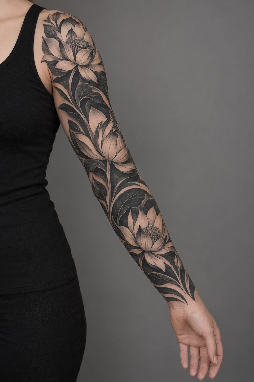 Blackwork lotus flowers with open petal shapes in a full sleeve