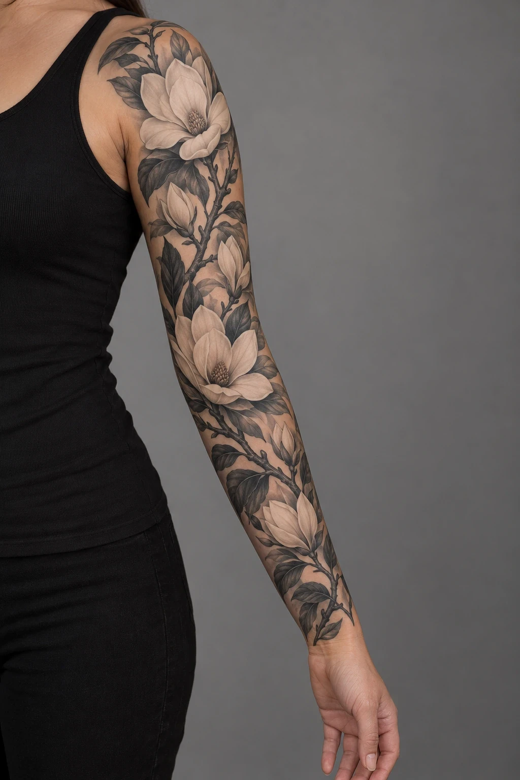 Ivory magnolia blossoms and dark branches in a shoulder-to-wrist sleeve