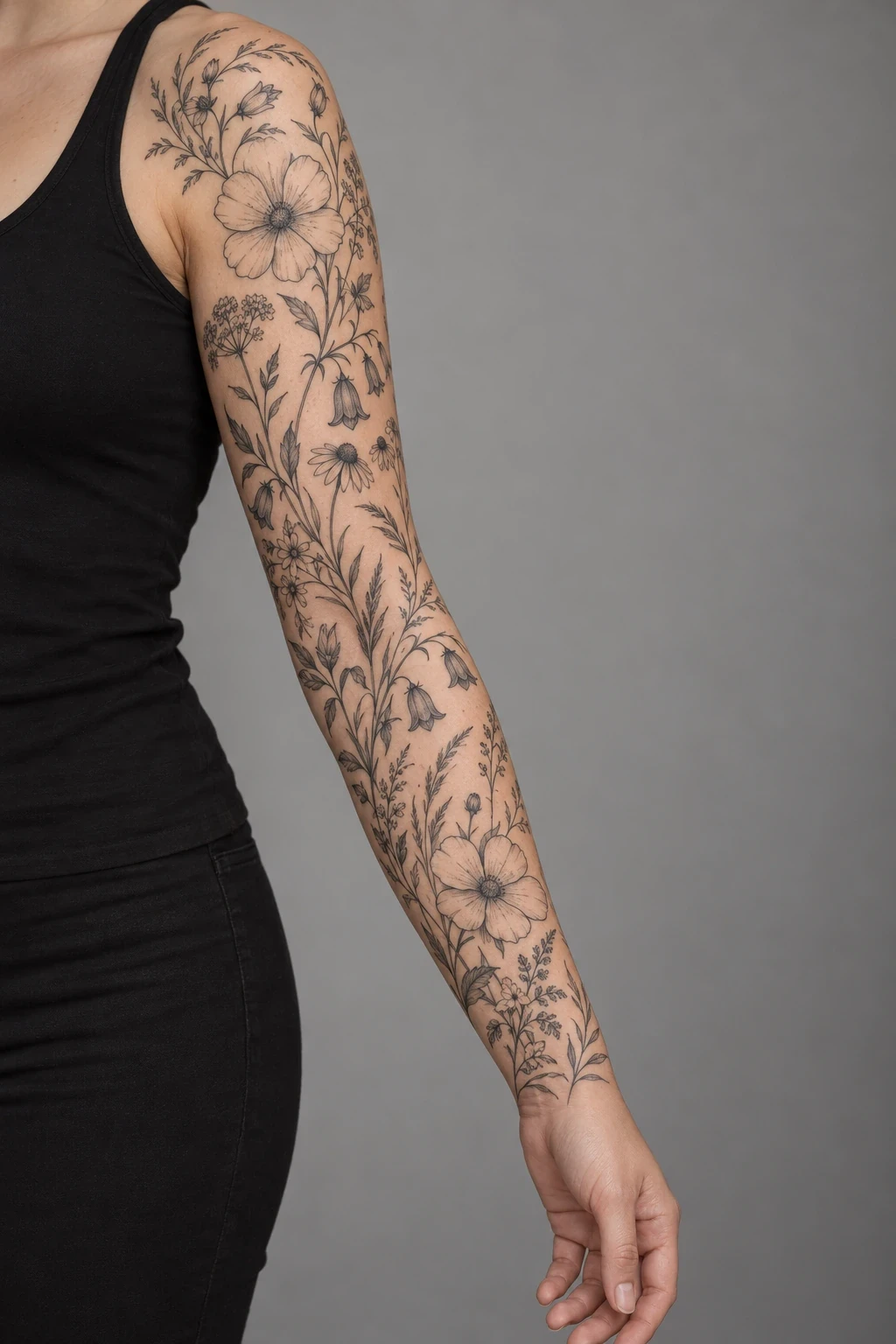 Fine-line meadow flowers, grasses and open skin across a full sleeve