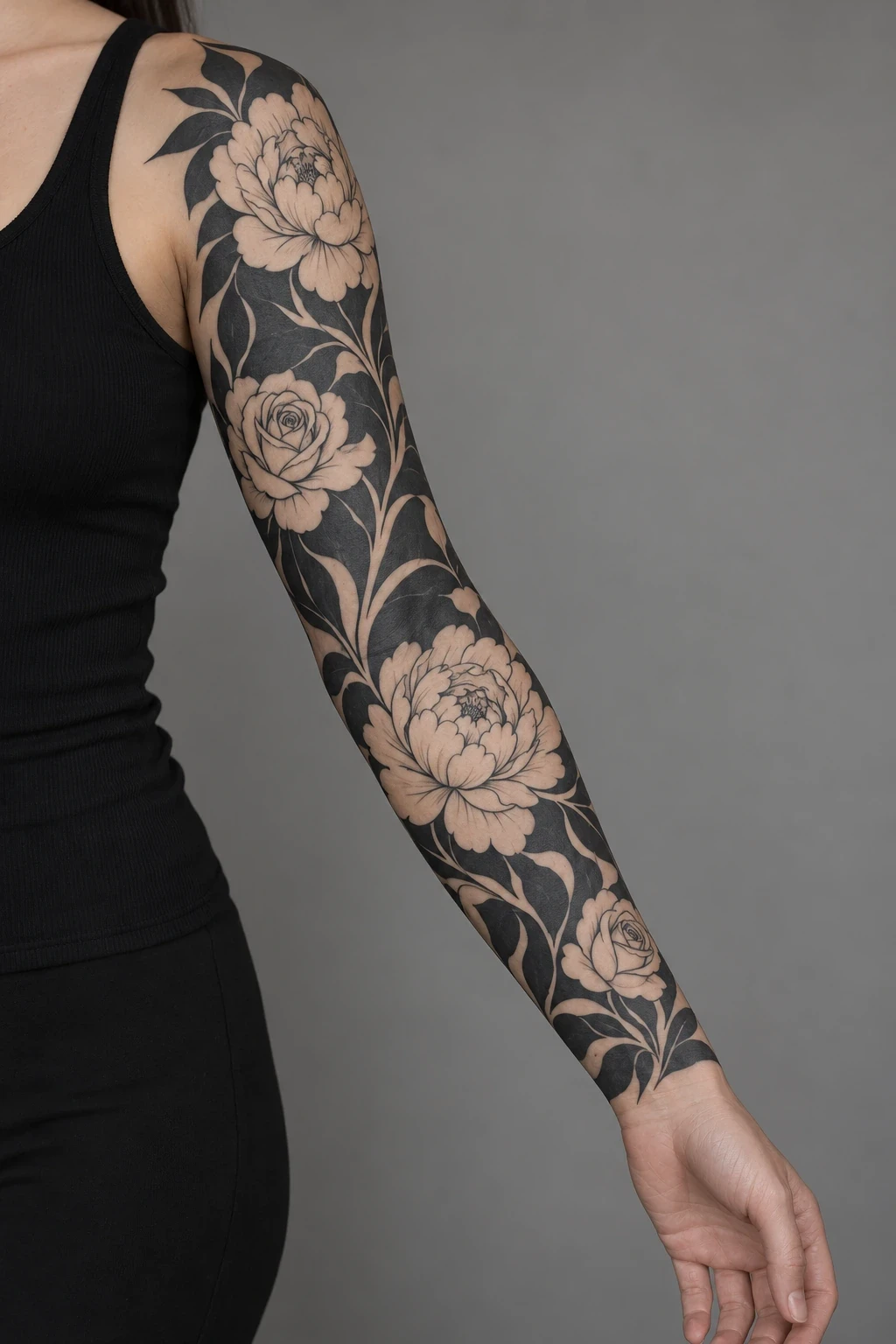 Open-skin roses and peonies against bold black shapes in a full sleeve