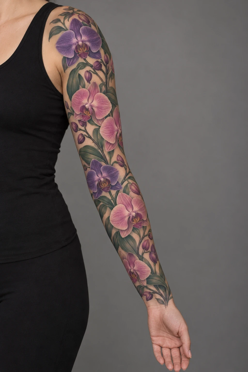 Purple and pink orchids with green leaves in a full floral sleeve