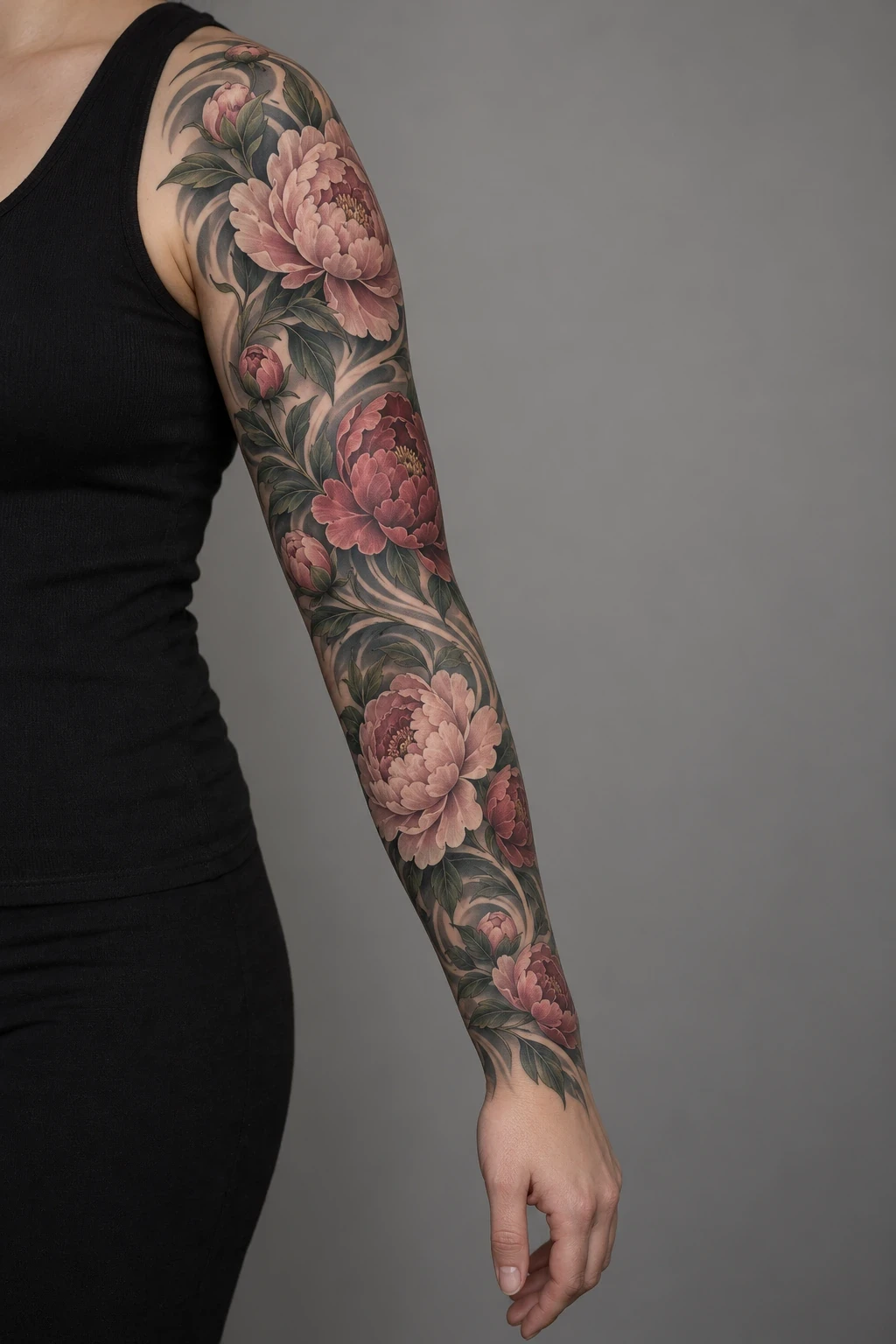 Pink peonies and charcoal wind bands in a full floral sleeve