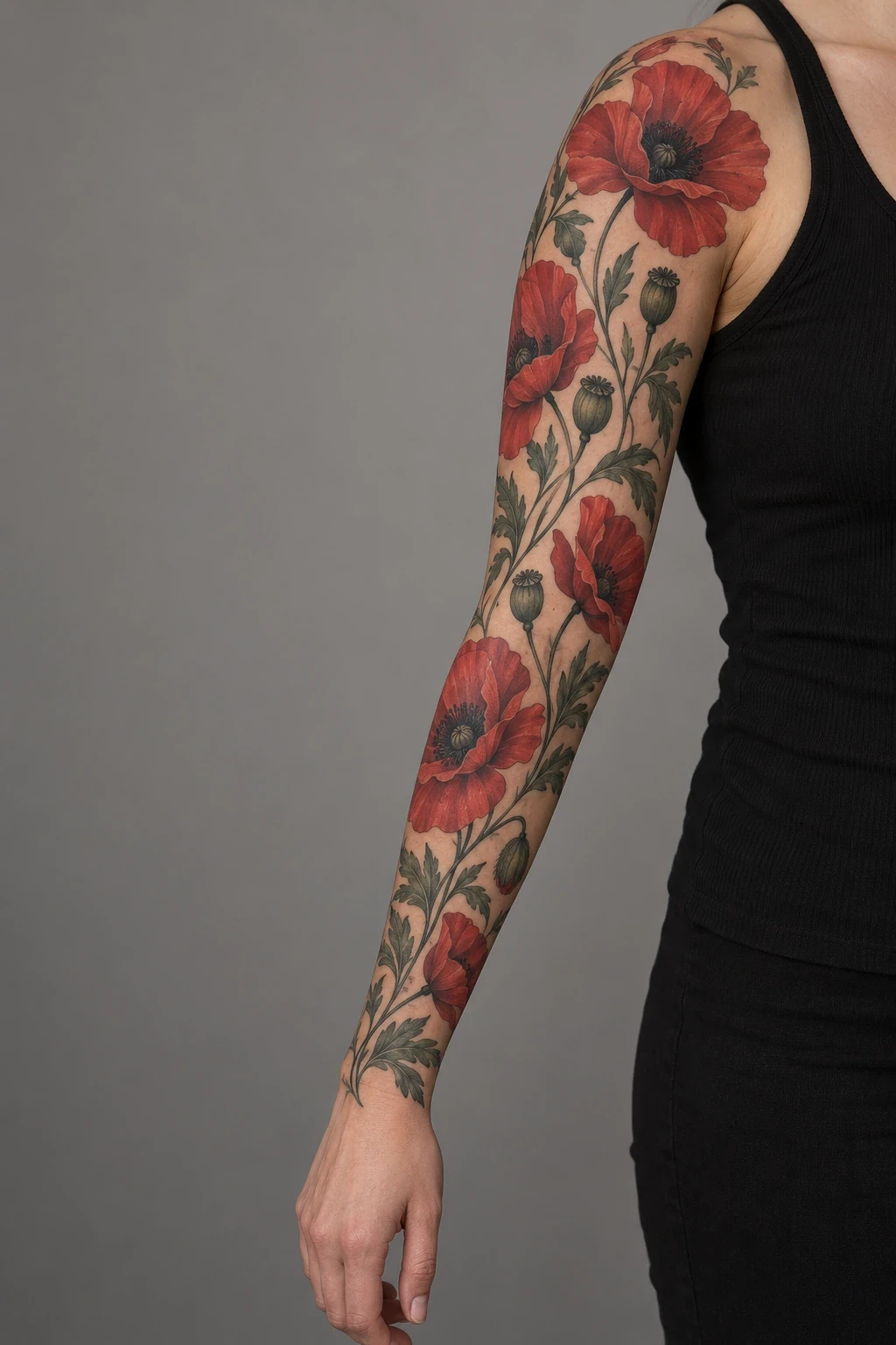 Red poppies, dark seed pods and flowing stems across a full sleeve