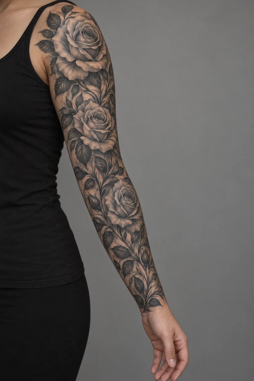 Black and grey roses with dark leaves in a shoulder-to-wrist sleeve