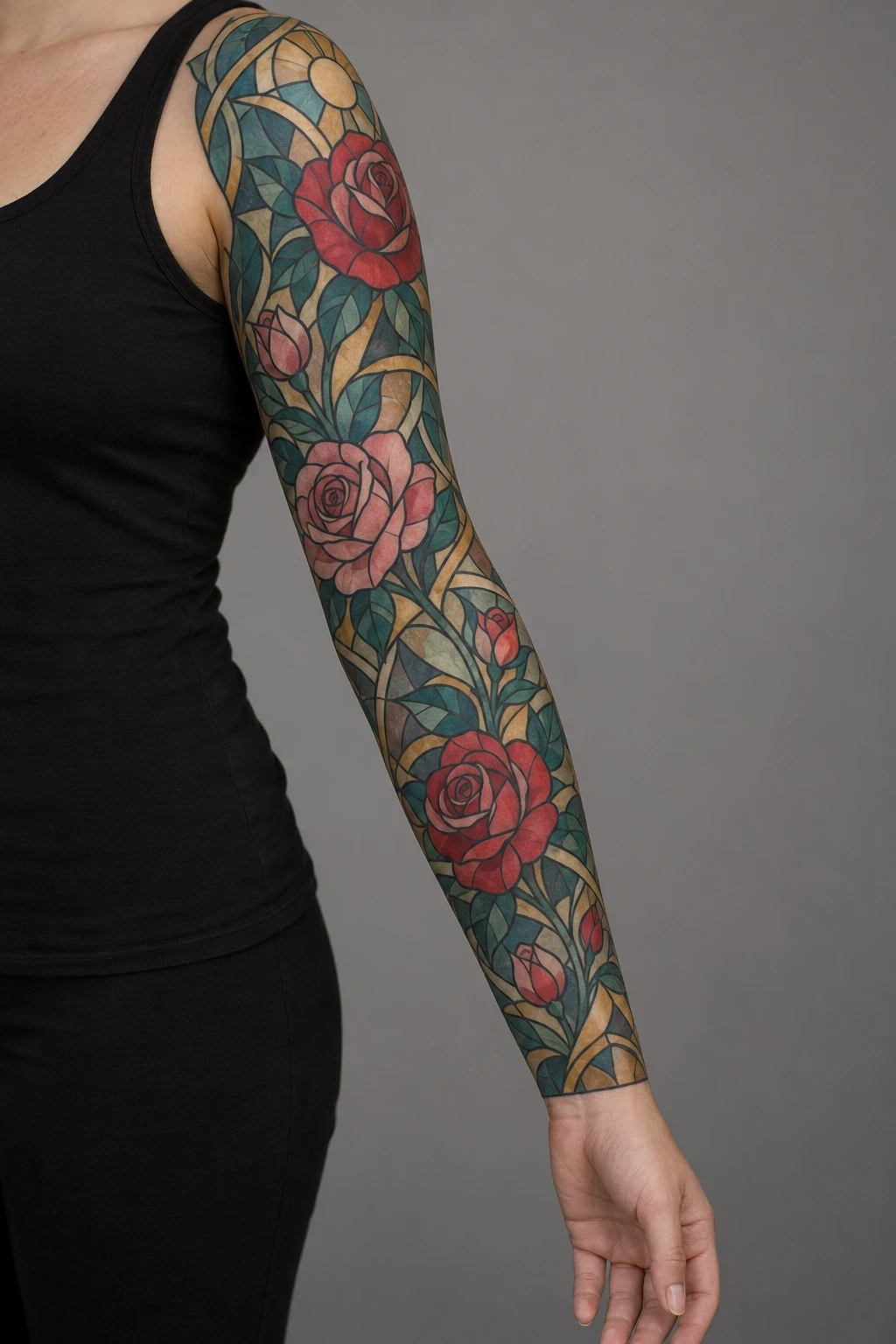 Stained-glass-inspired roses with teal leaves and bold dark outlines in a full sleeve