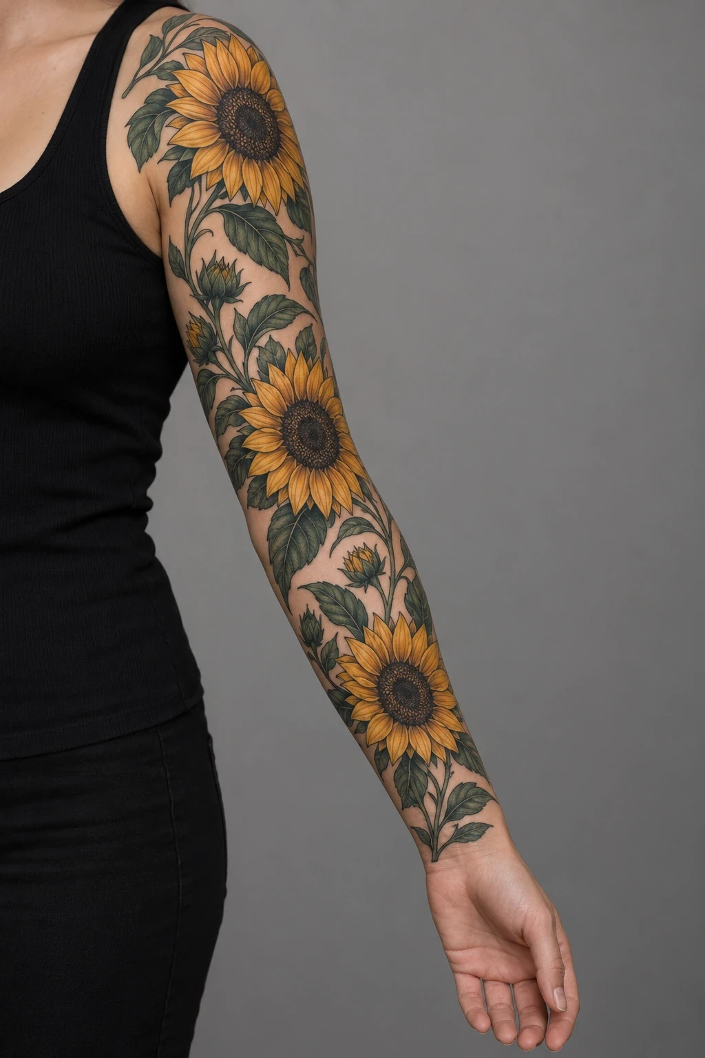 Golden sunflowers and green leaves in a full arm sleeve