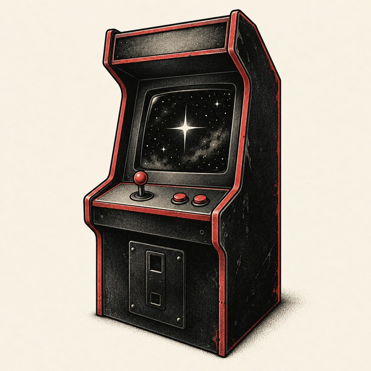 Arcade cabinet tattoo concept with a star screen, joystick and red trim