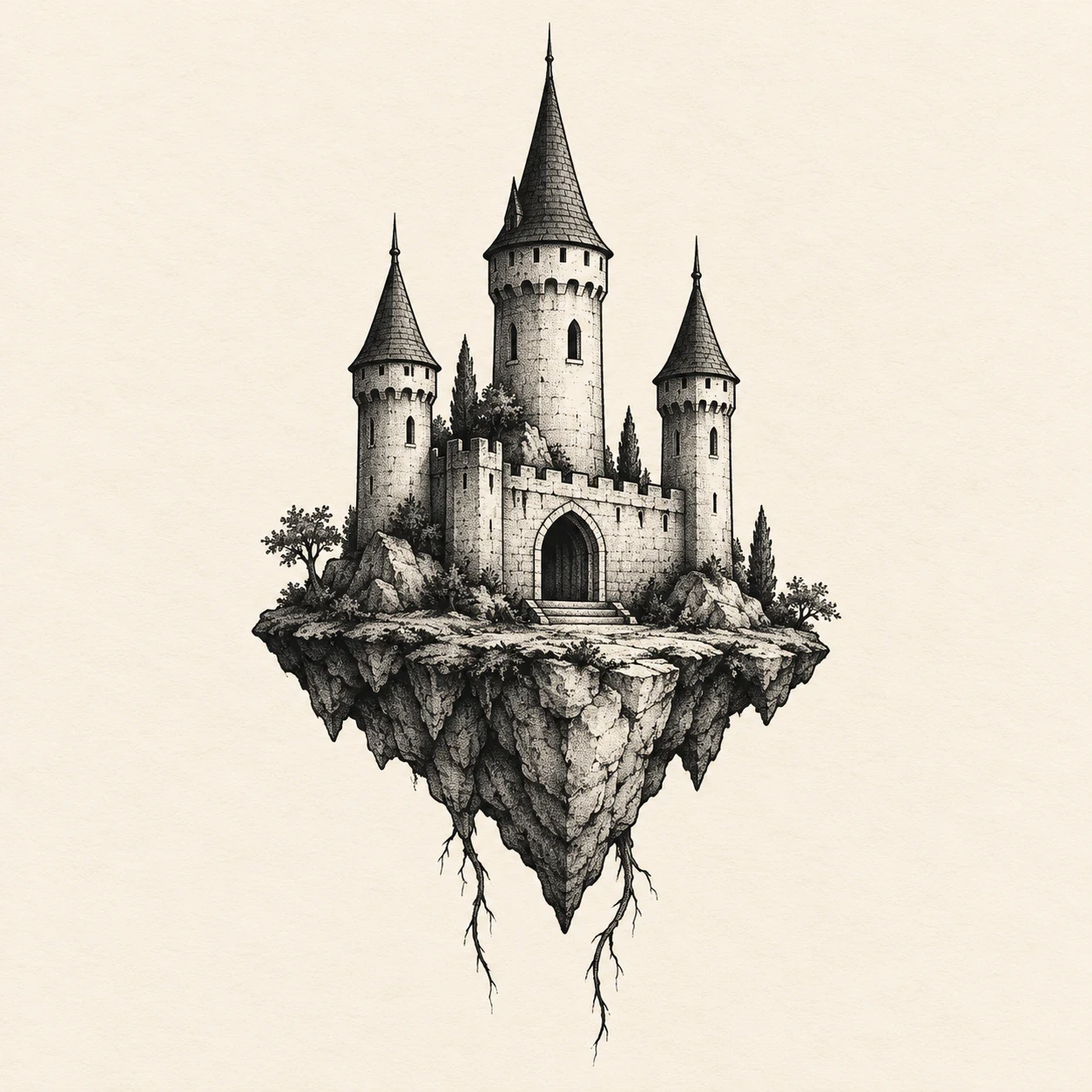 Fantasy gaming tattoo concept of a three-tower castle on a floating island