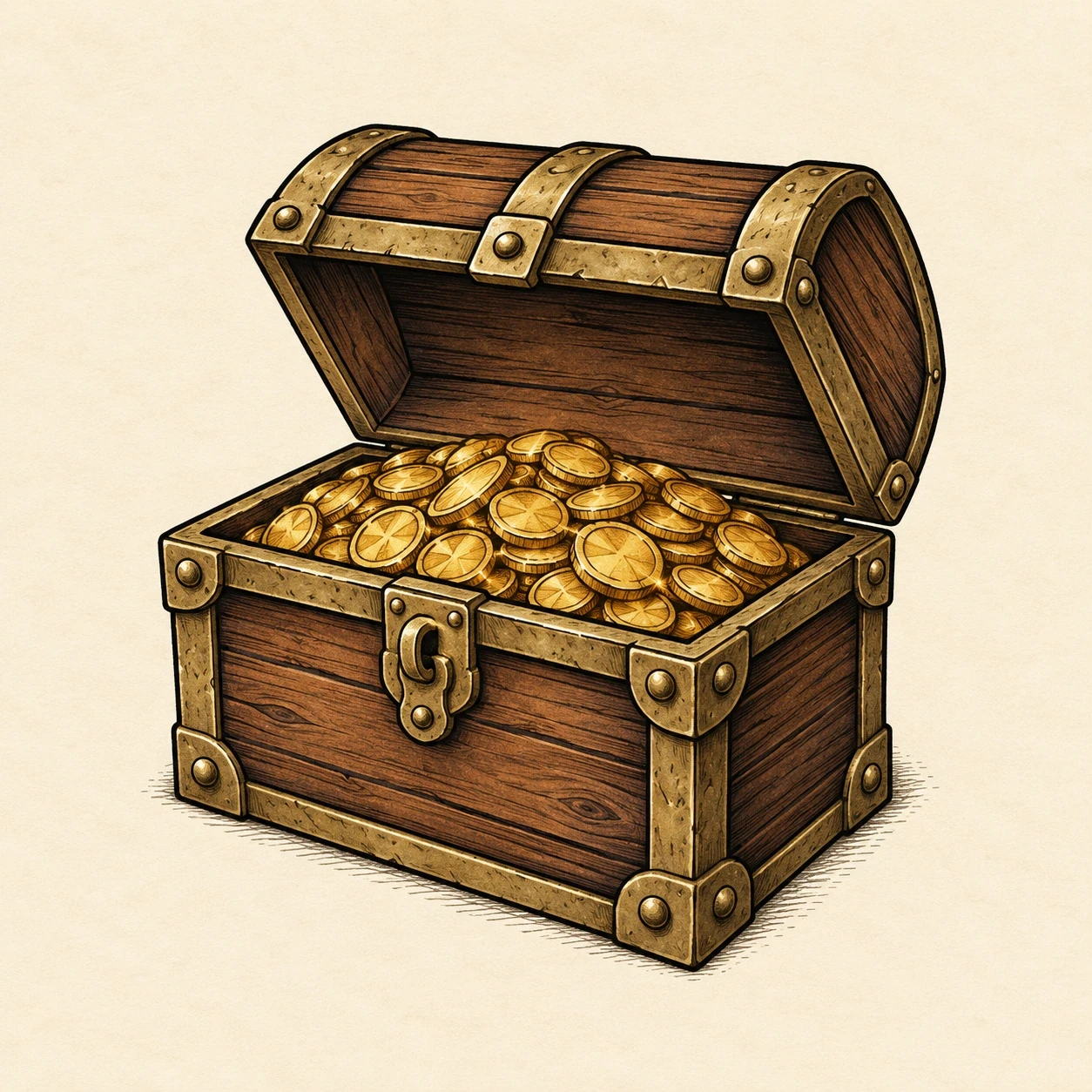 Fantasy treasure-chest gaming tattoo concept with an open lid and gold coins