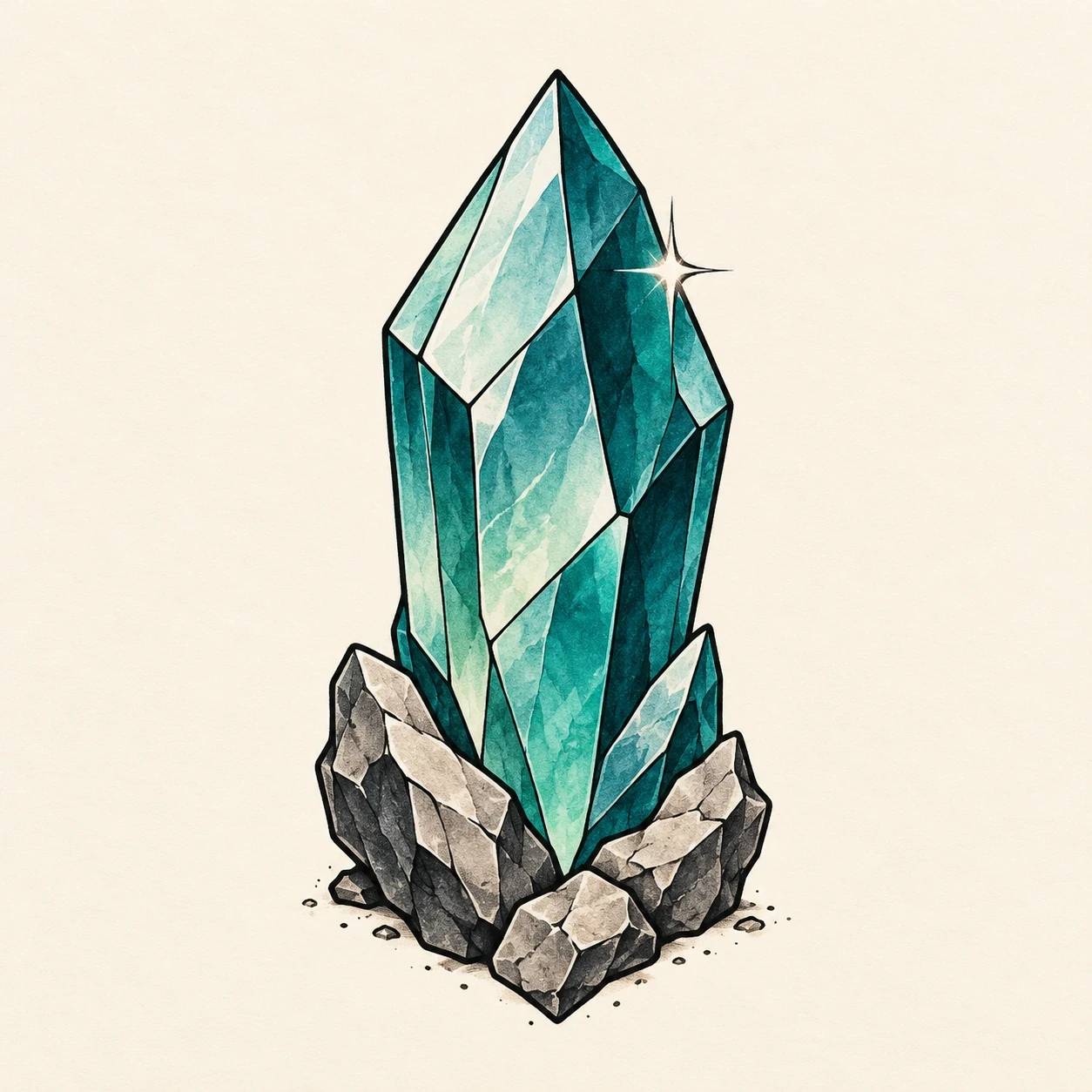 Teal crystal gaming tattoo concept growing from a small rock cluster