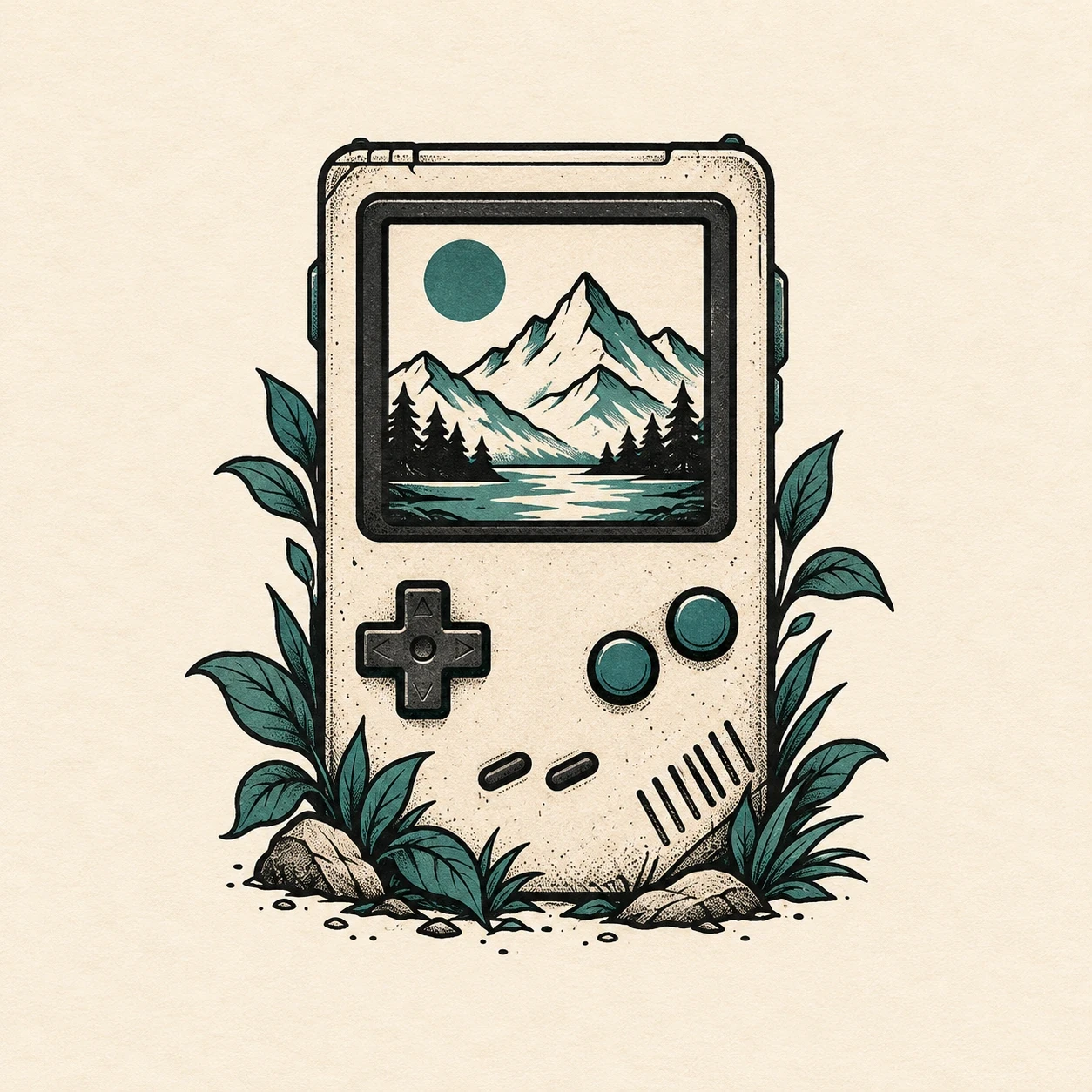 Retro handheld gaming tattoo concept with a mountain scene and leafy accents