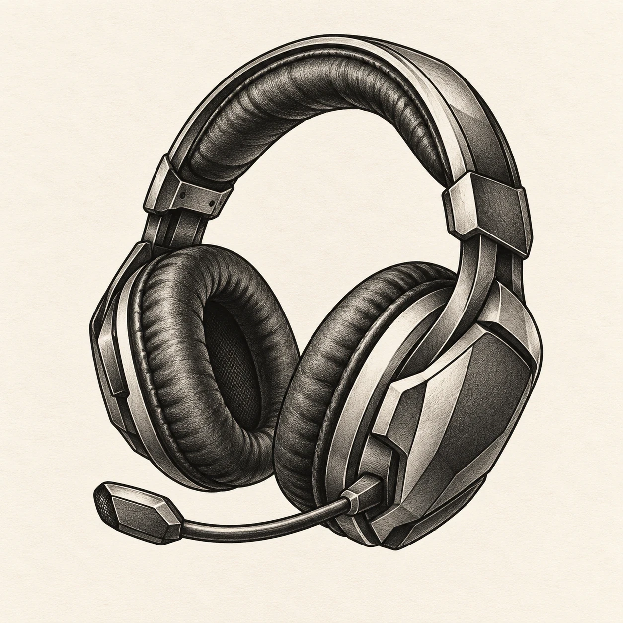 Black-and-grey gaming headset tattoo concept with a short microphone boom