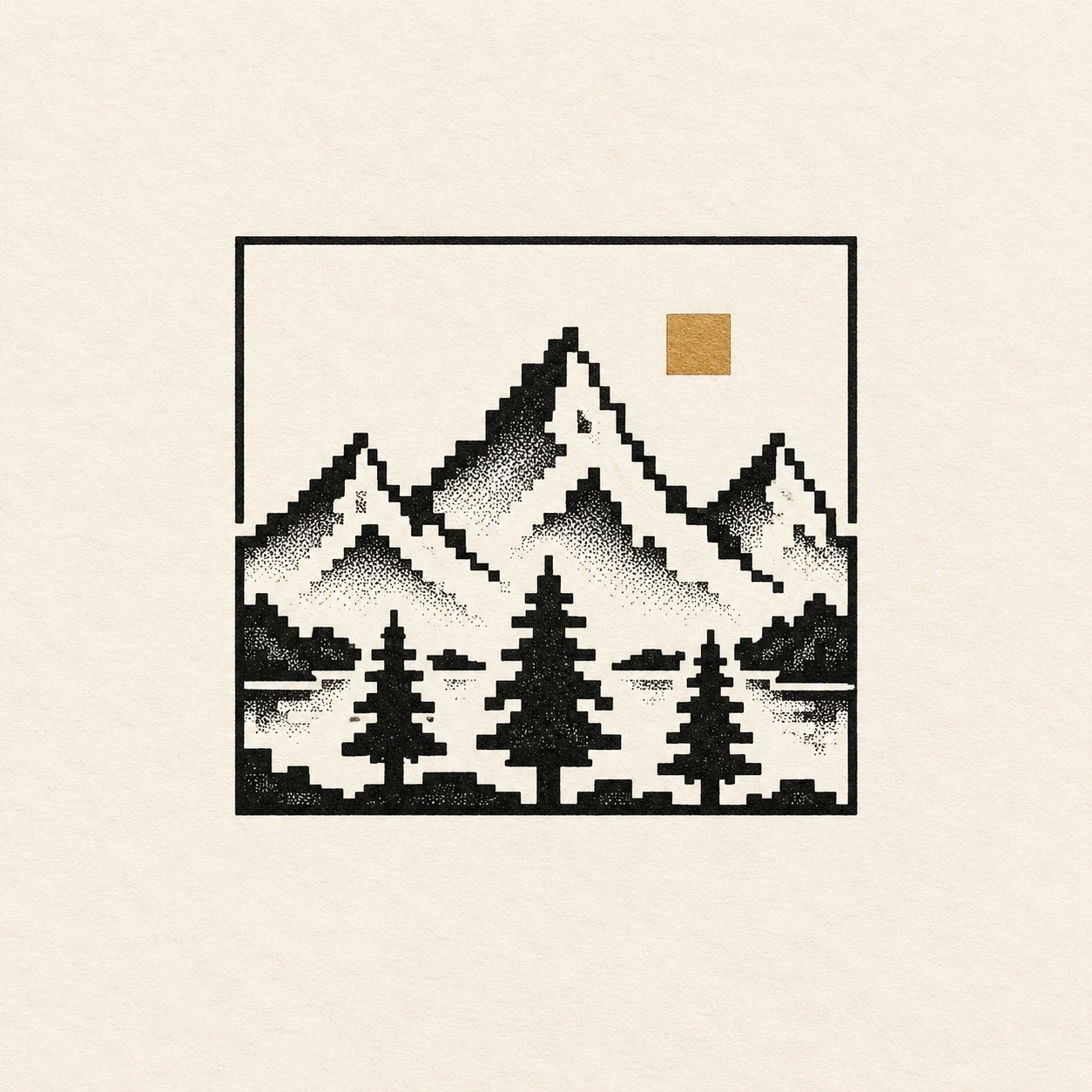 Pixel-inspired gaming tattoo concept with stepped mountains, pine trees and a square sun