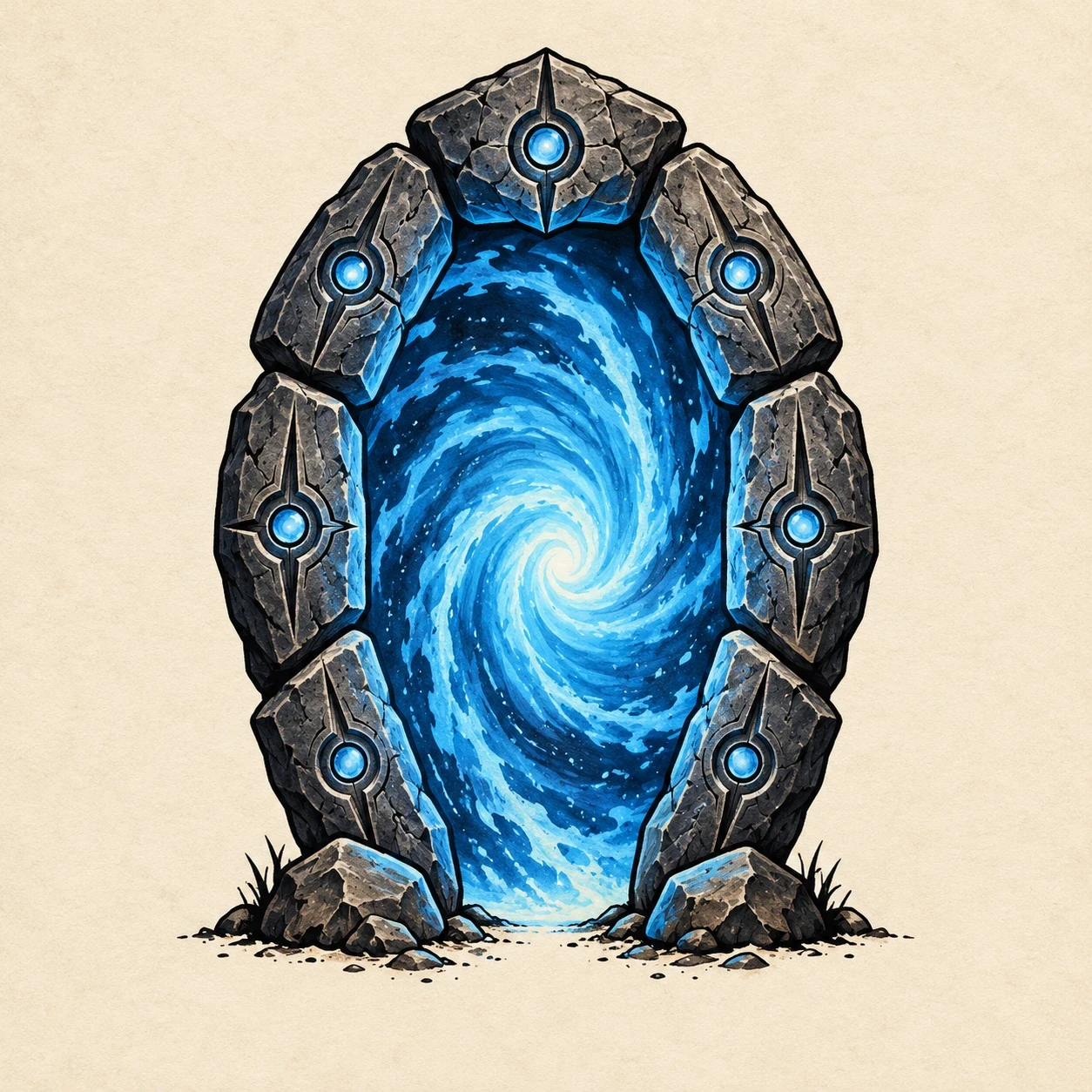 Blue swirling portal gaming tattoo concept in a segmented stone frame