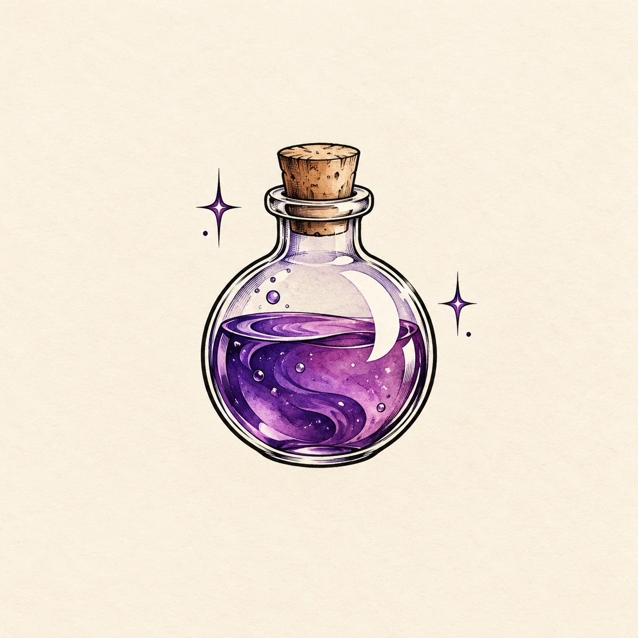Violet potion-bottle gaming tattoo concept with a cork and glass highlights