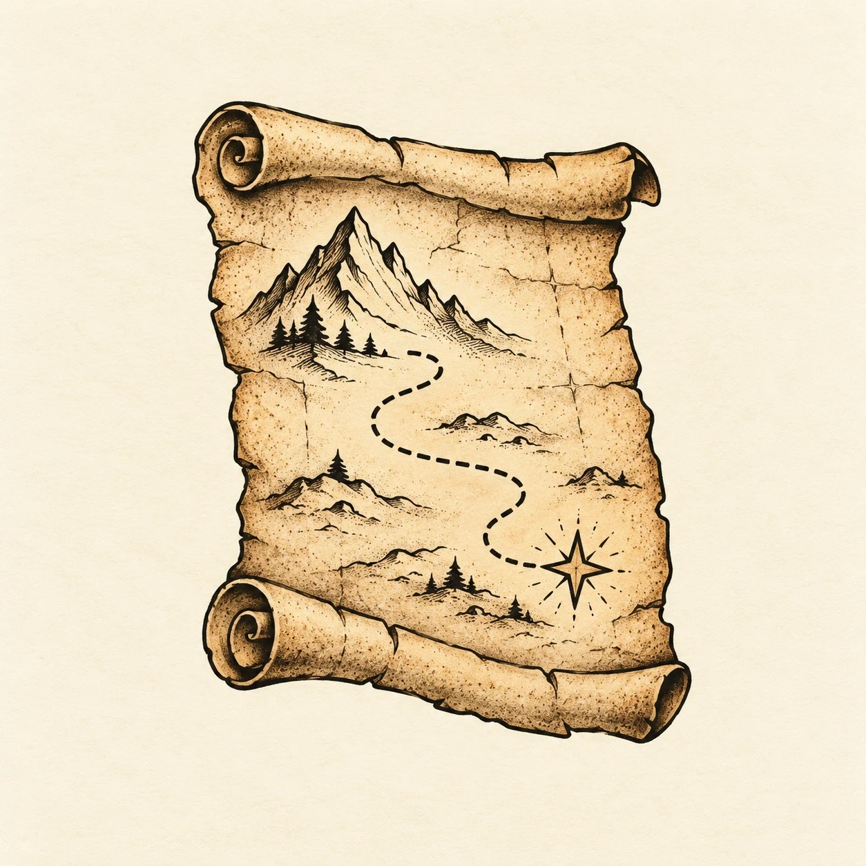 Adventure-map gaming tattoo concept with a dotted route, mountains and star