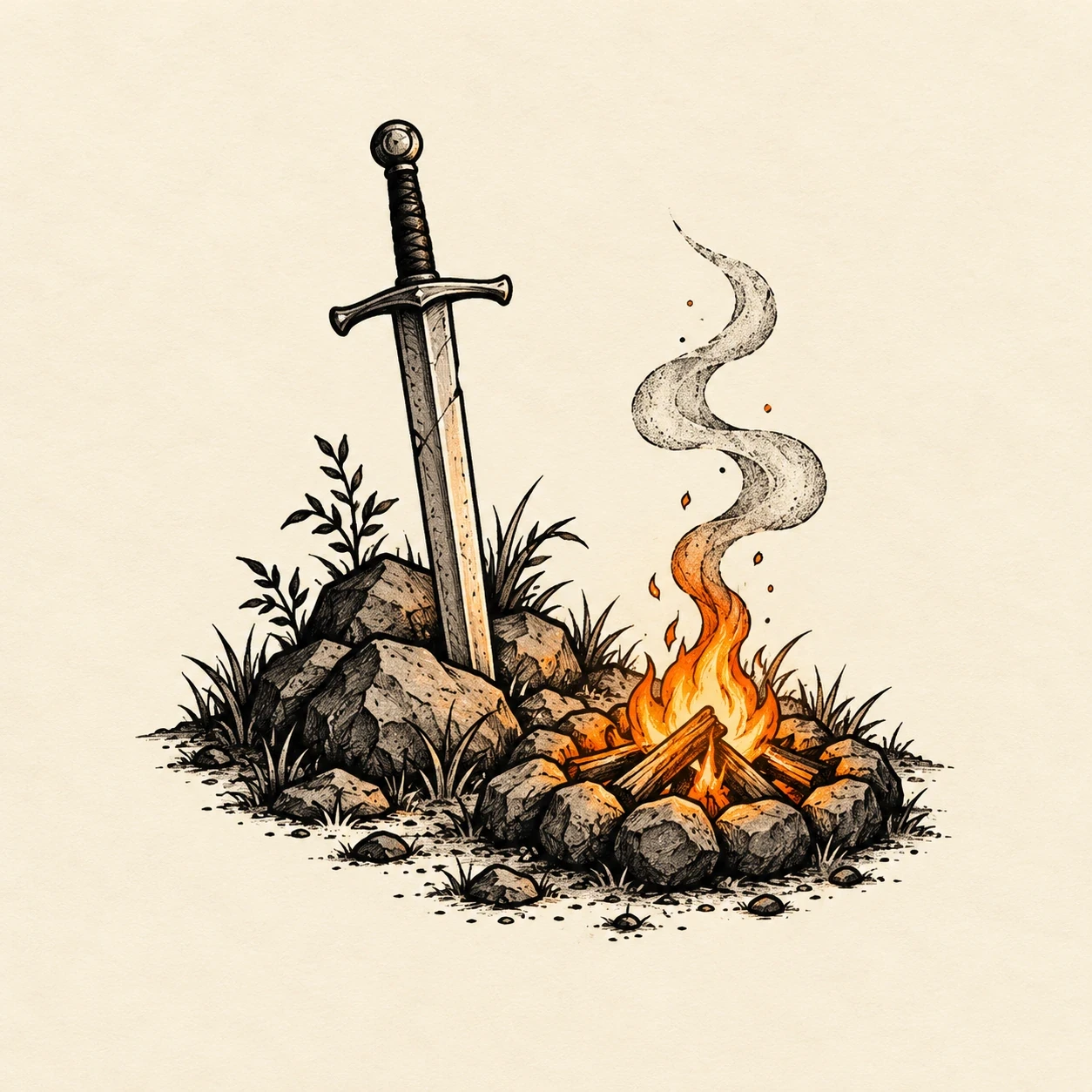 Fantasy save-point tattoo concept with a planted sword, stones and small campfire