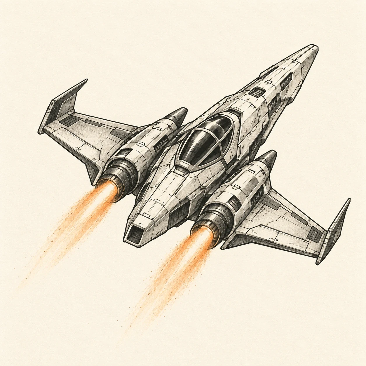 Space-game tattoo concept with an original winged craft and short orange exhaust
