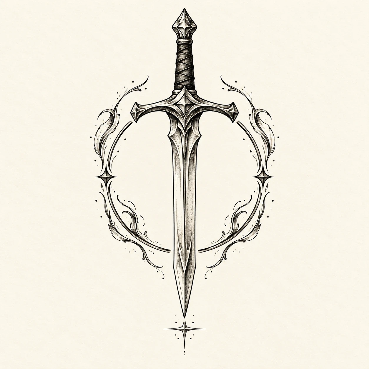 Fantasy gaming tattoo concept with a sword and an ornate open circular frame