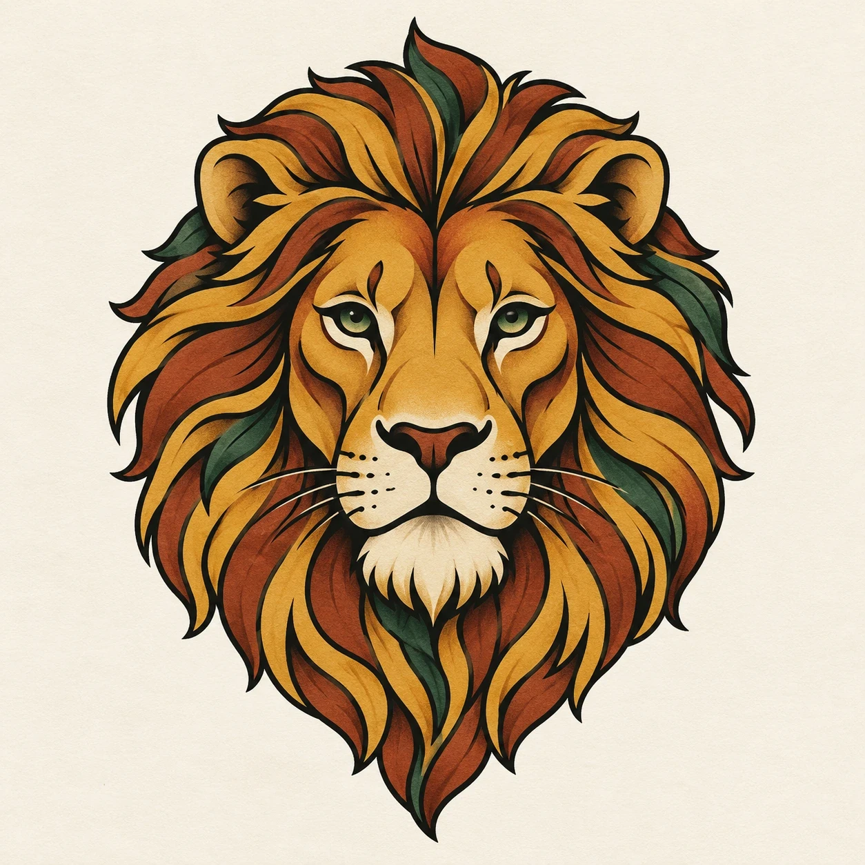 Gold and rust lion head with bold black outlines and restrained green accents