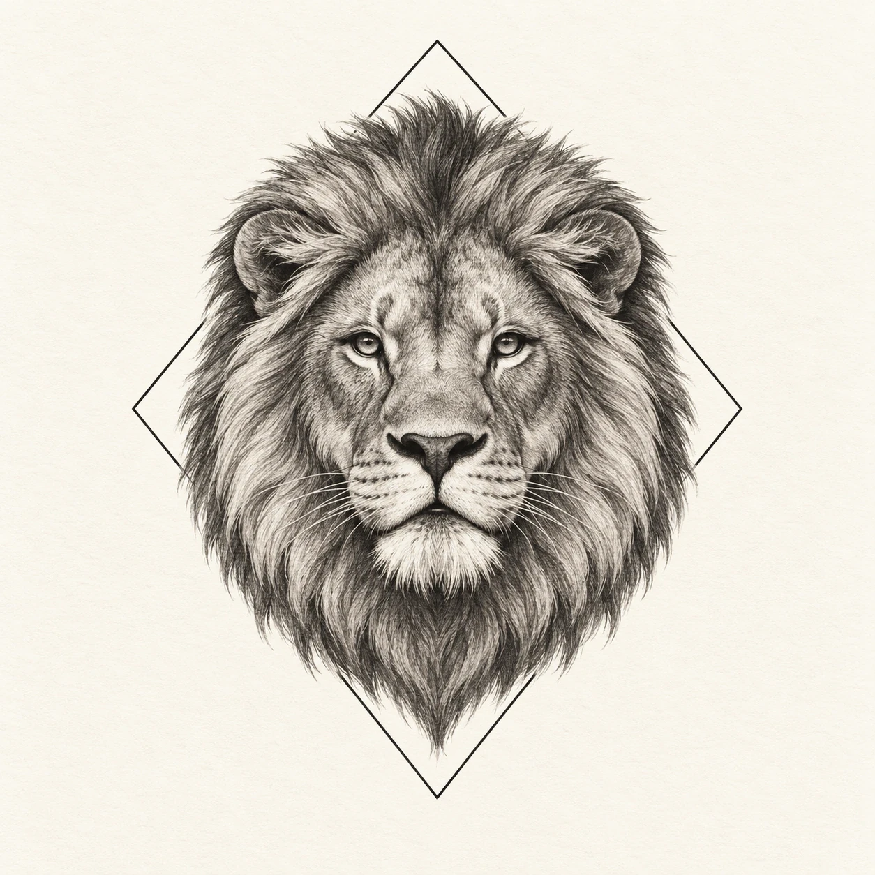 Lion portrait inside an open diamond-shaped line frame