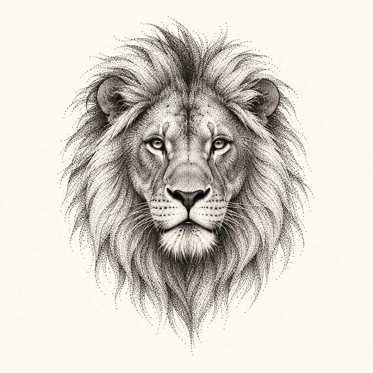 Lion head with stippled black dot shading and an open outer mane