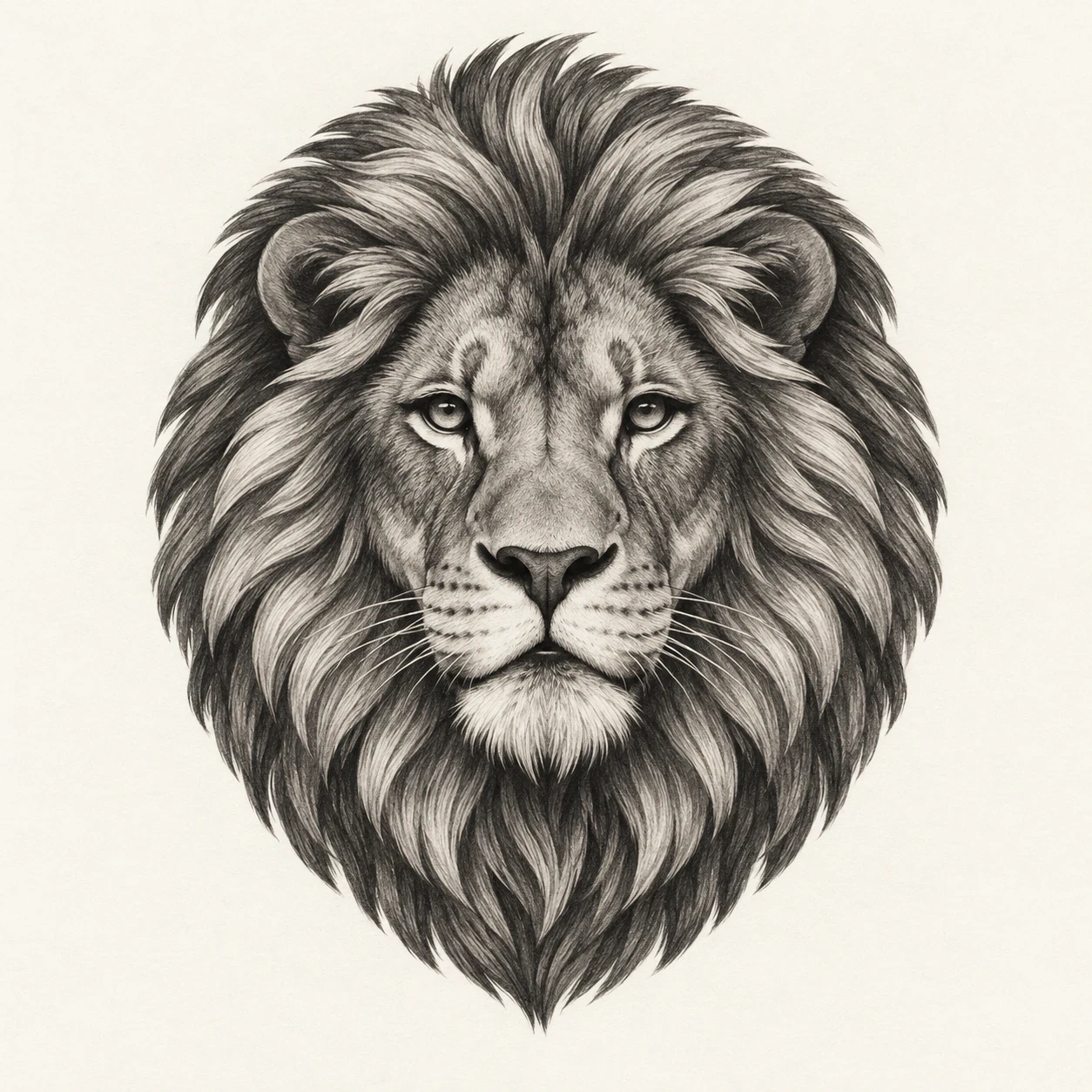 Front-facing black and grey lion head with a rounded mane