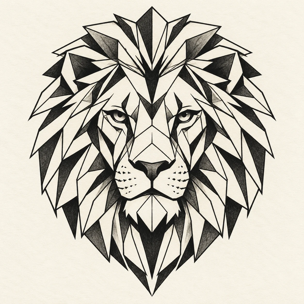 Lion face and mane formed from angular black linework and dark facets