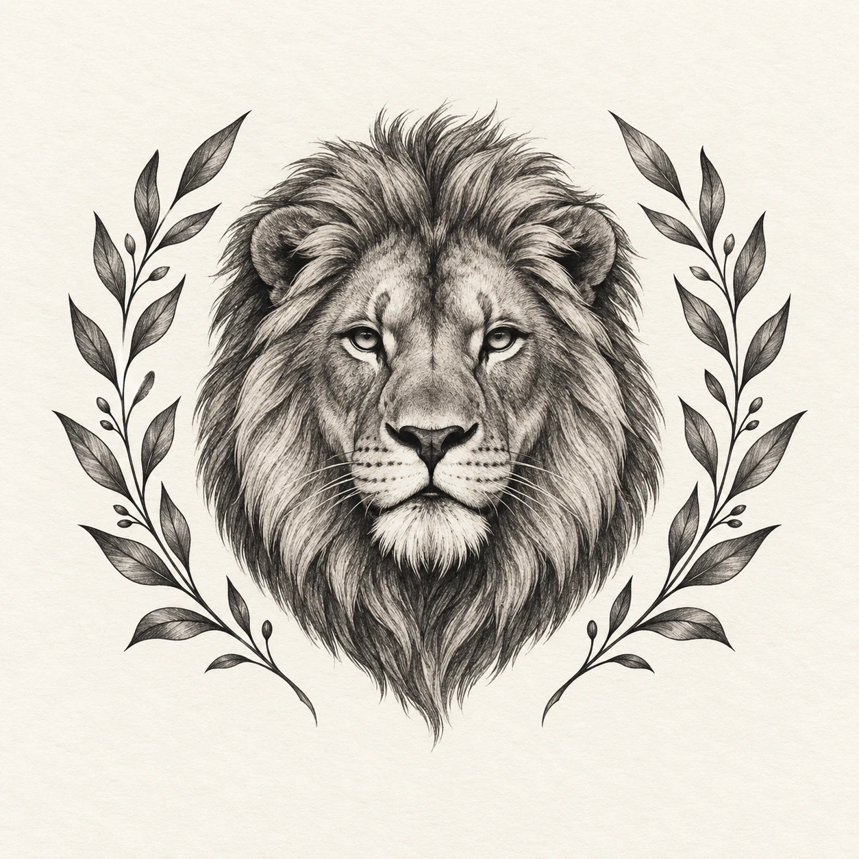 Lion head framed by two simple leafy branches