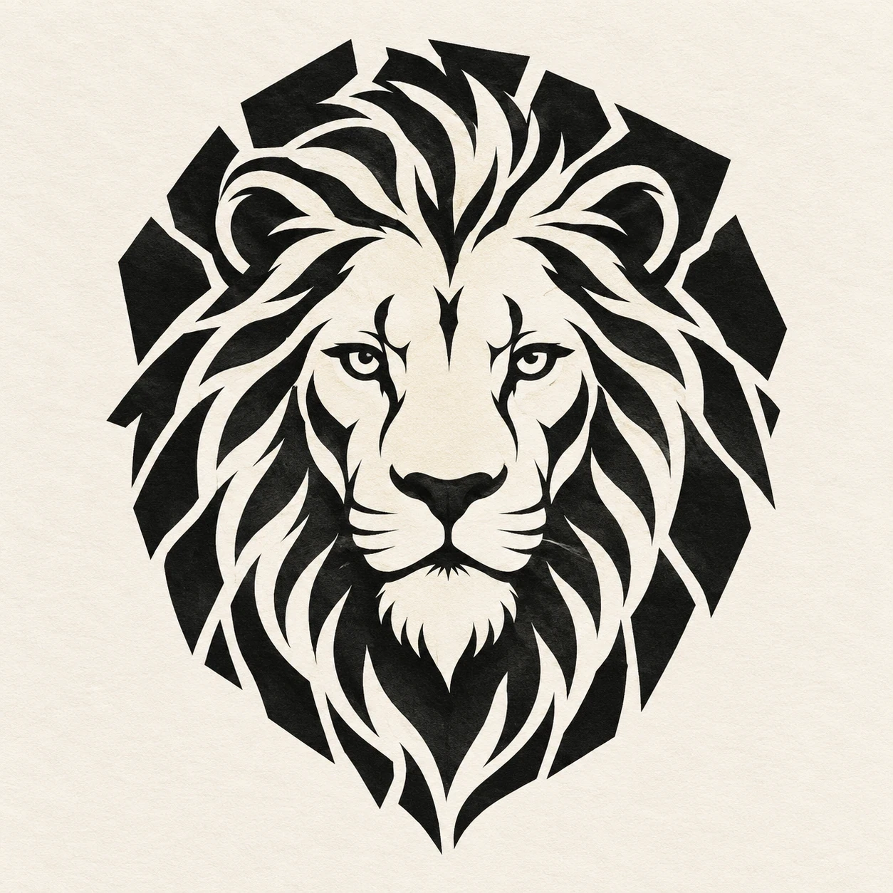 Light lion facial shapes and mane against broken dark background panels