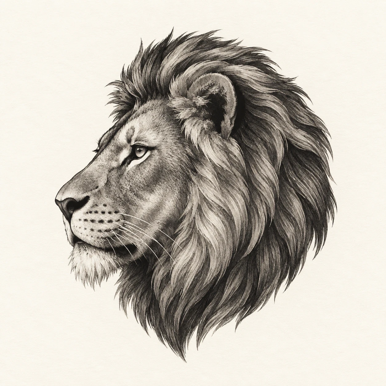 Black and grey side-profile lion head with a compact mane