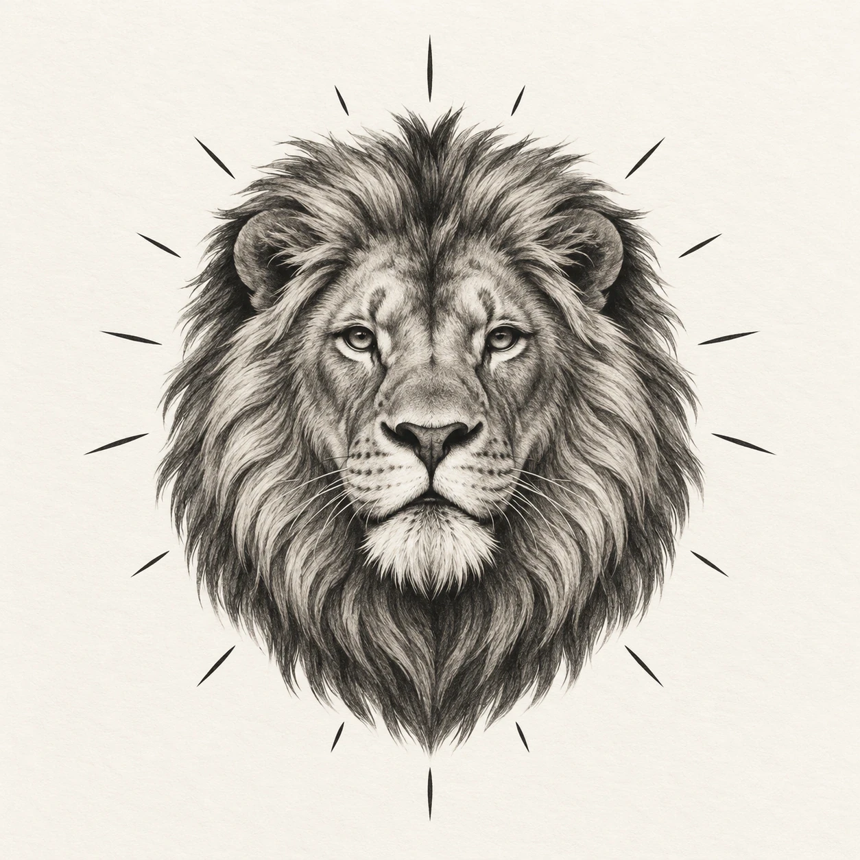 Lion portrait surrounded by short spaced black ray accents