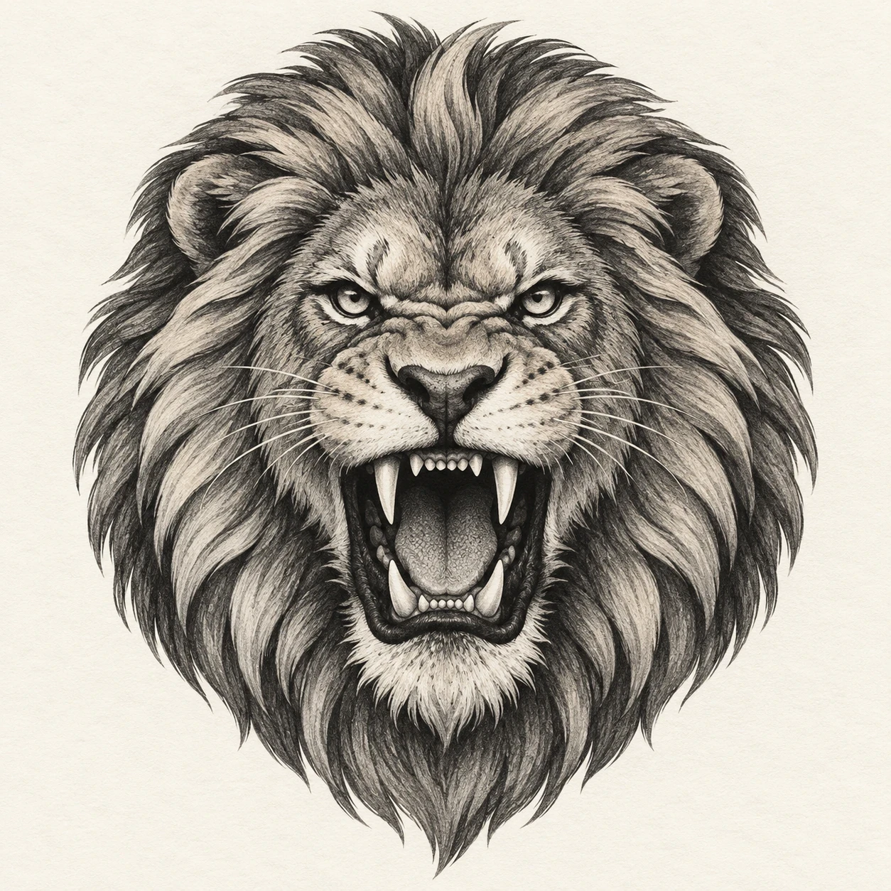 Roaring lion head with a clearly open mouth and broad mane