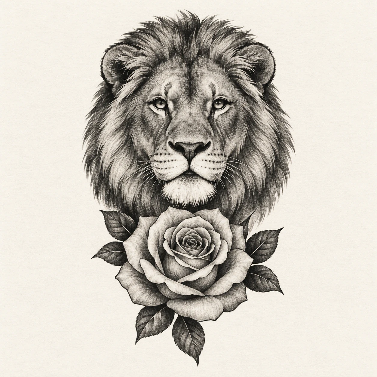 Black and grey lion portrait above one open rose