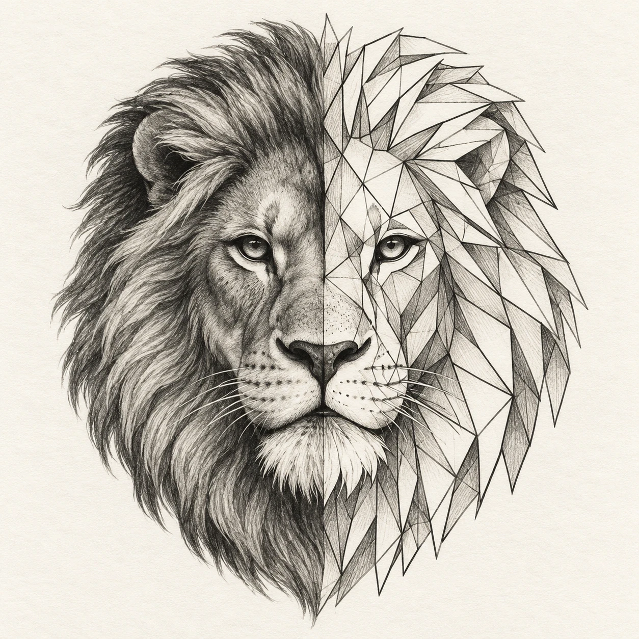 Lion face divided between grey shading and geometric linework