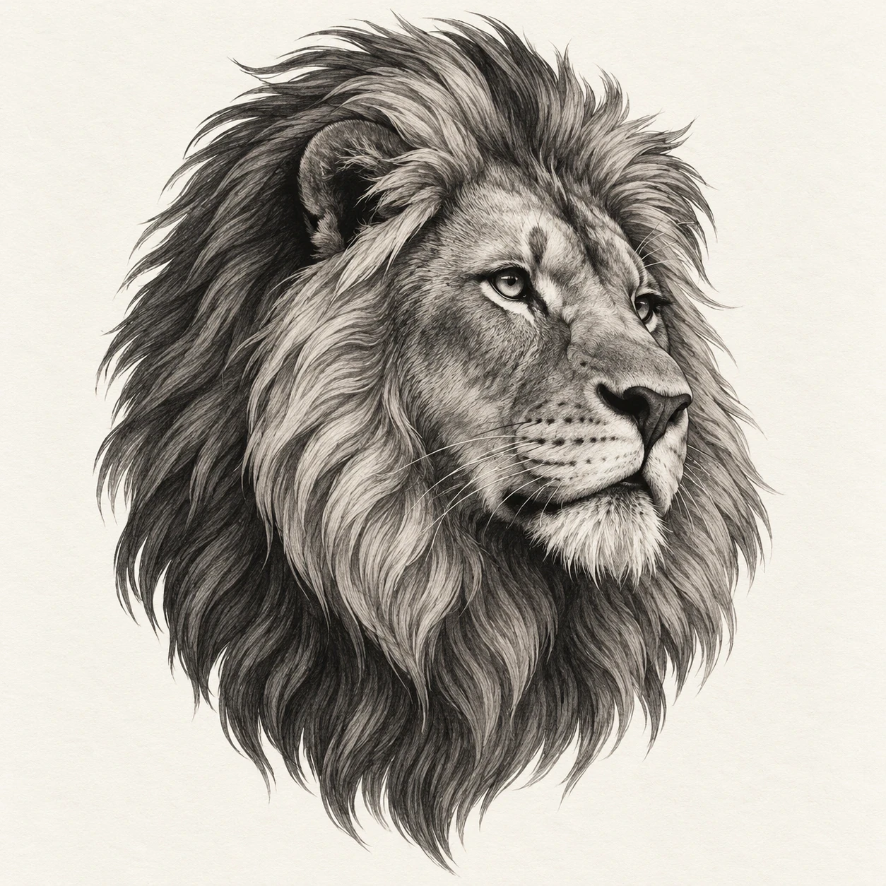 Three-quarter-view lion portrait with layered grey shading