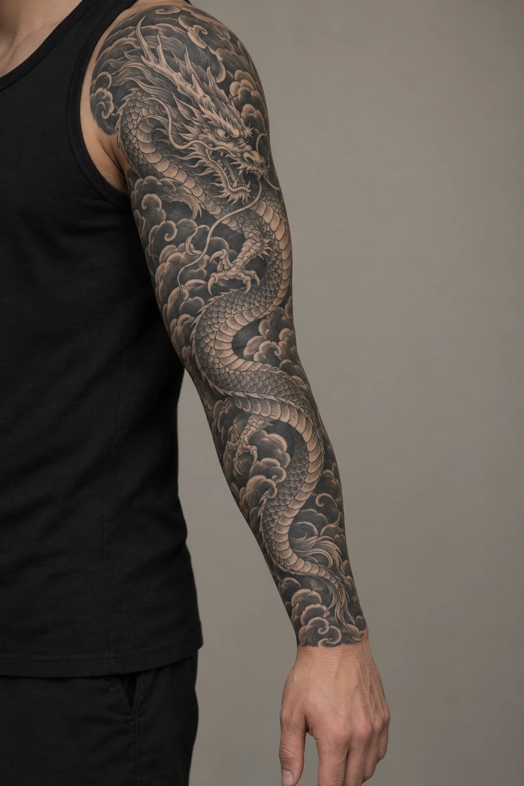Black and grey dragon and clouds in a complete arm sleeve concept