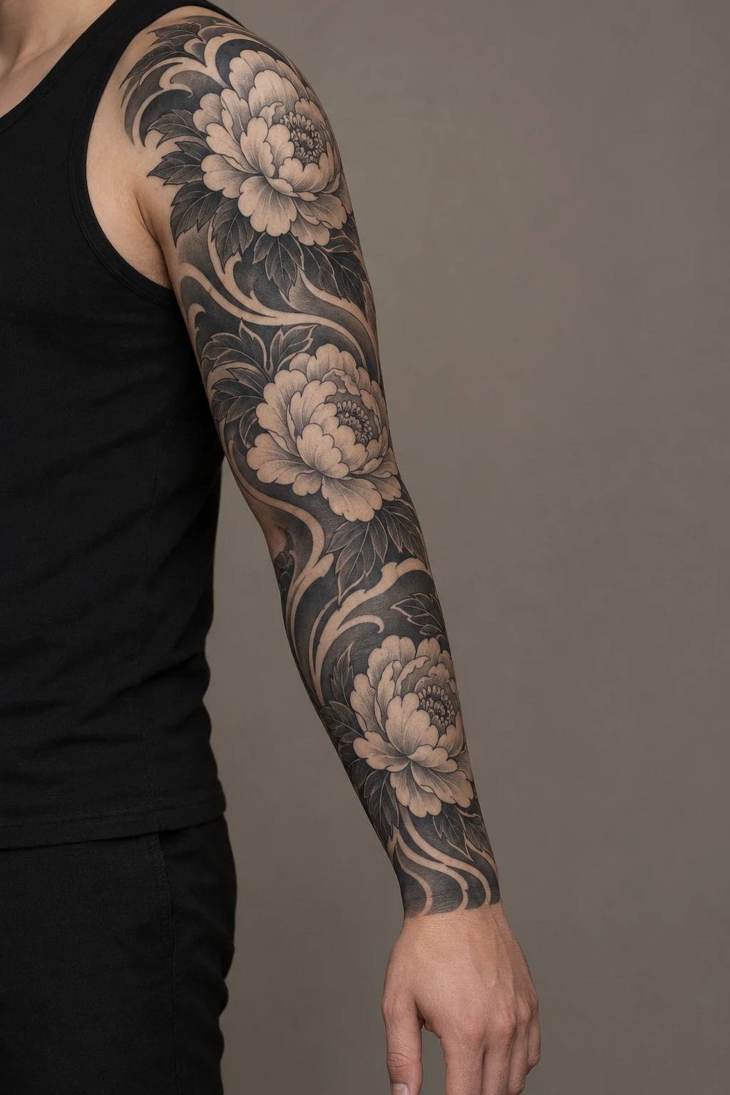 Blackwork peonies and flowing wind bands in a full arm sleeve