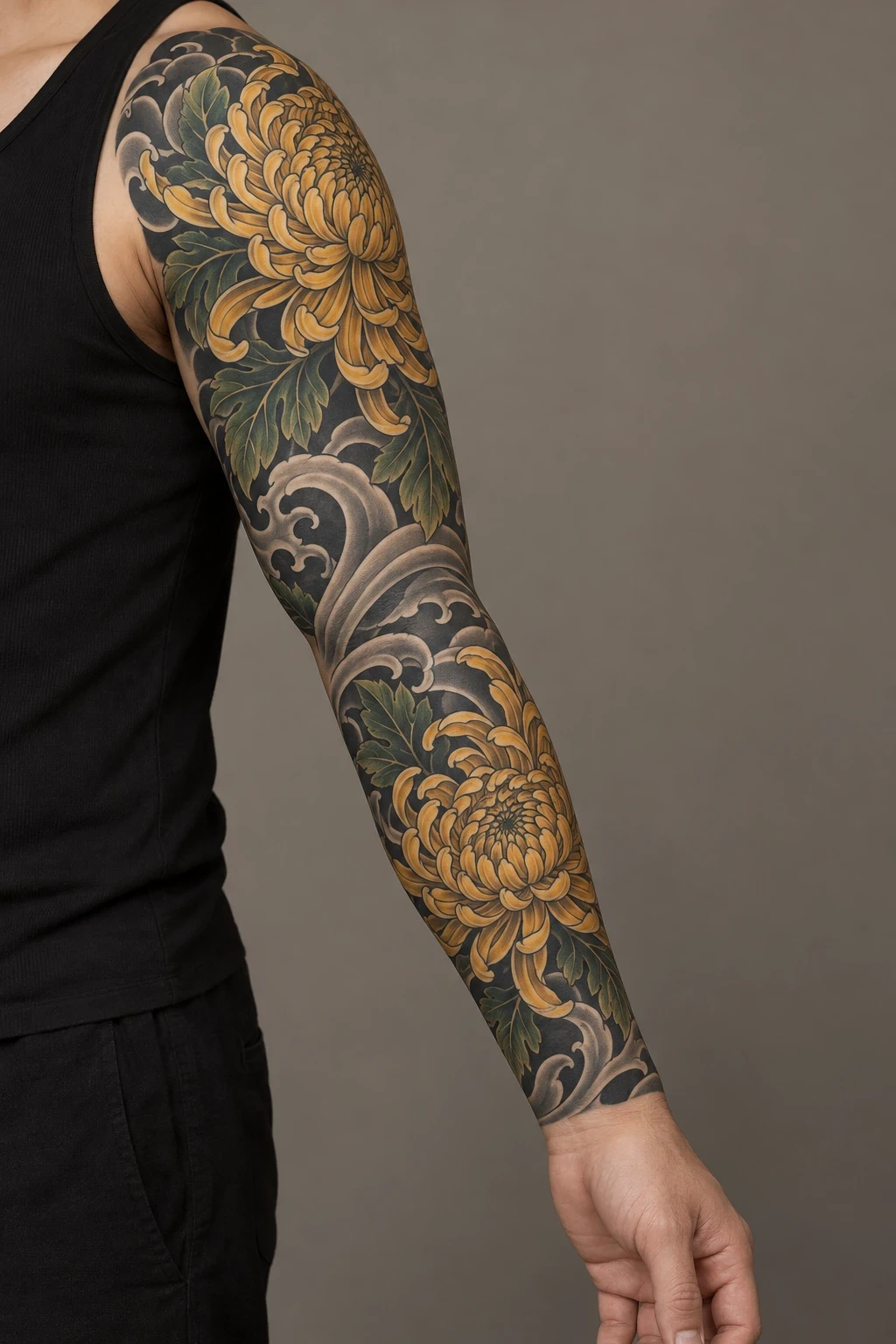 Golden chrysanthemums and dark wind bands covering a full arm sleeve