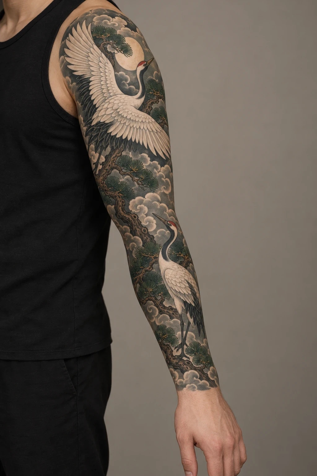 White cranes and green pine branches in a Japanese-inspired full sleeve