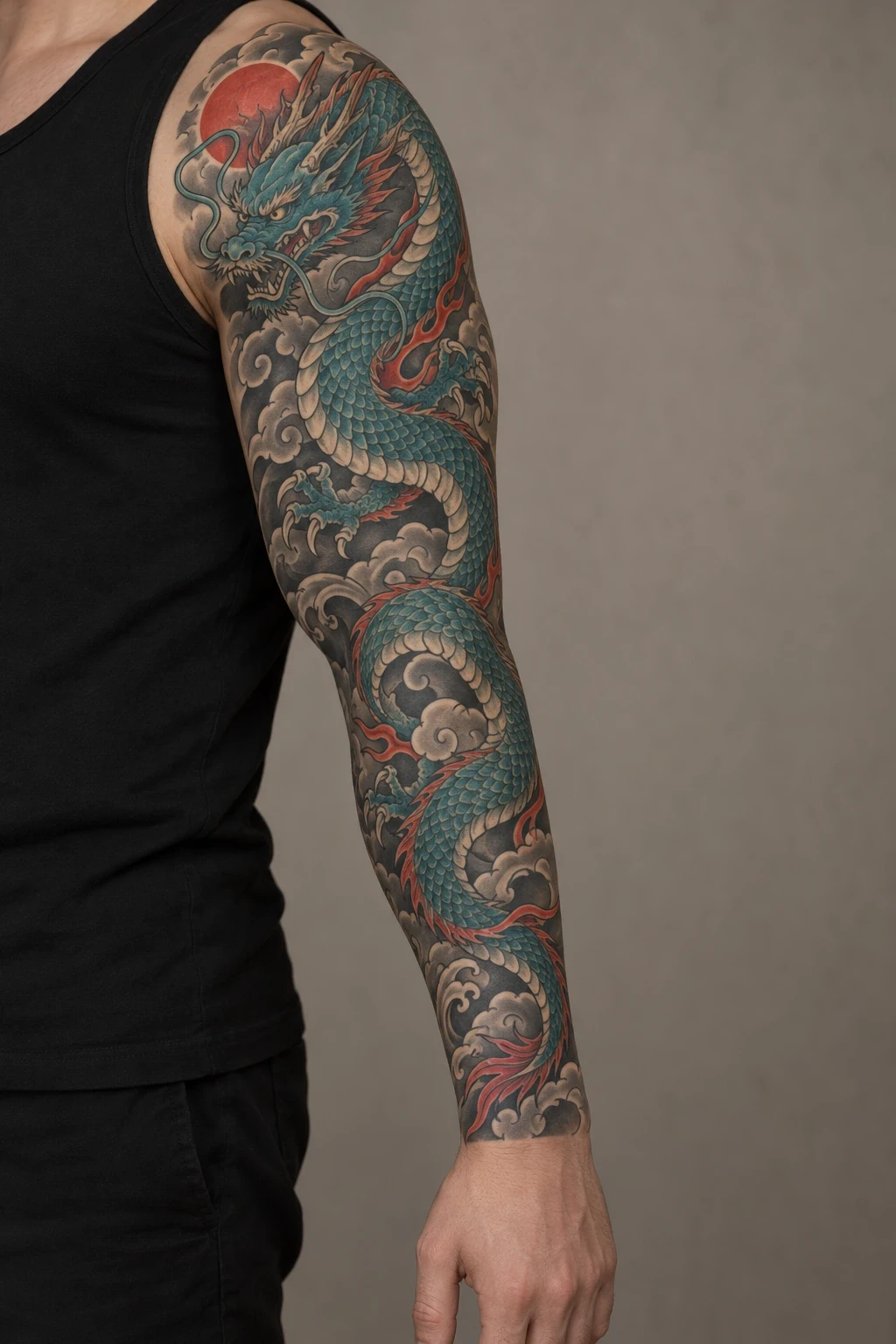 Teal dragon winding through grey clouds in a full arm sleeve concept