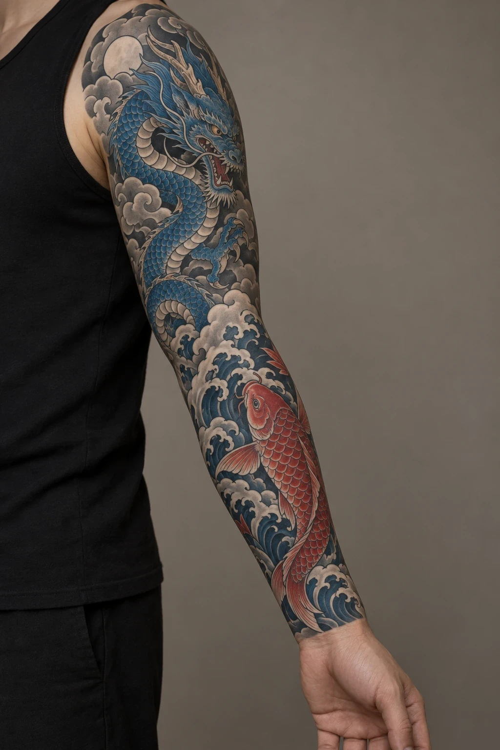 Blue dragon above a red koi with clouds and waves in a full sleeve concept