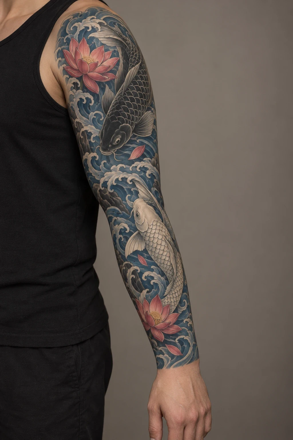 Black and ivory koi with pink lotus blooms in a full sleeve concept