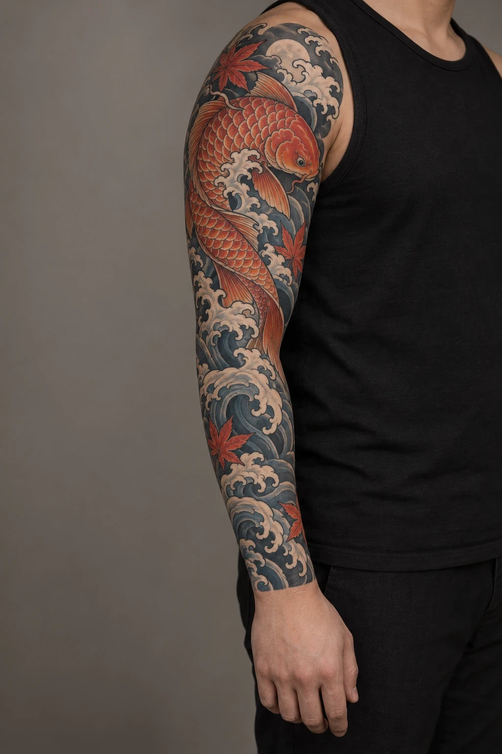 Orange koi and blue waves in a Japanese-inspired shoulder-to-wrist sleeve