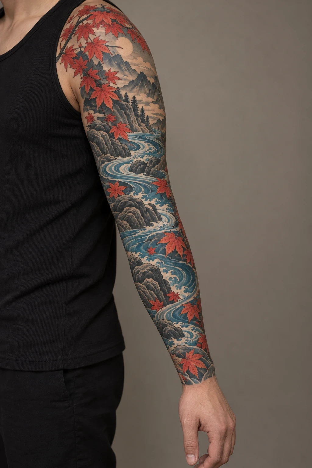 Red maple leaves over blue river currents in a full sleeve concept