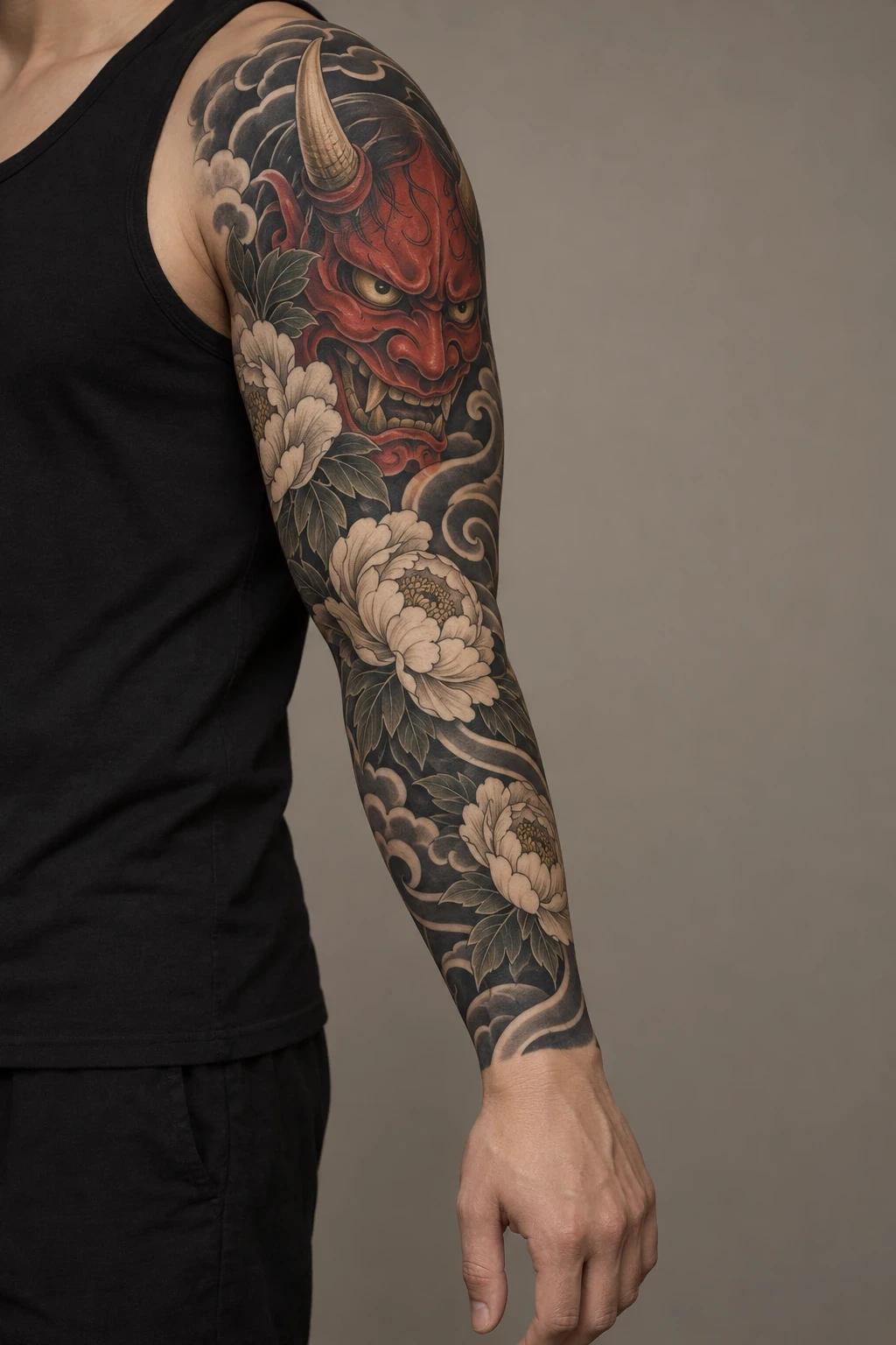 Red two-horned oni mask and cream peonies in a full arm sleeve