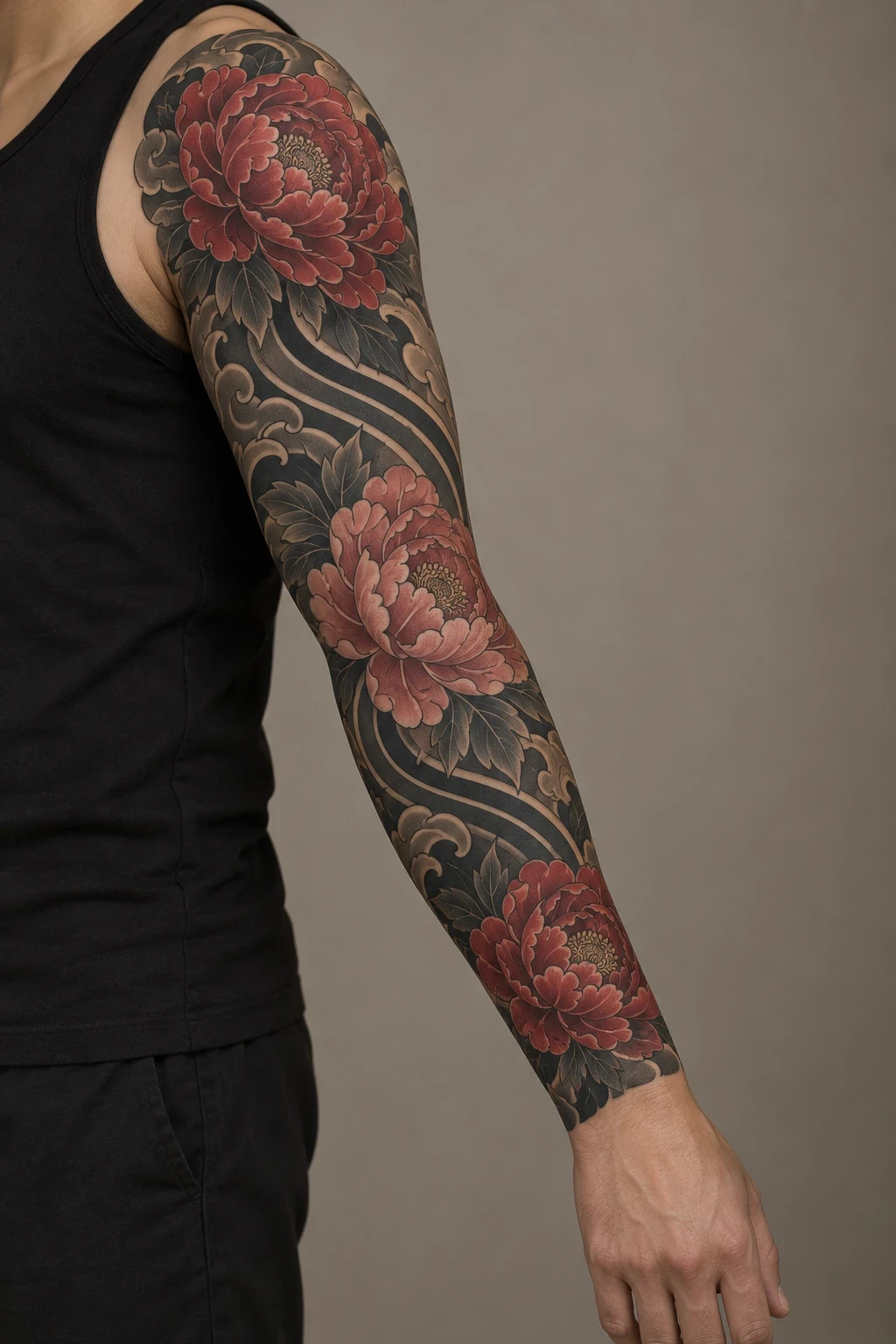 Red and pink peonies linked by black wind bands across a full sleeve