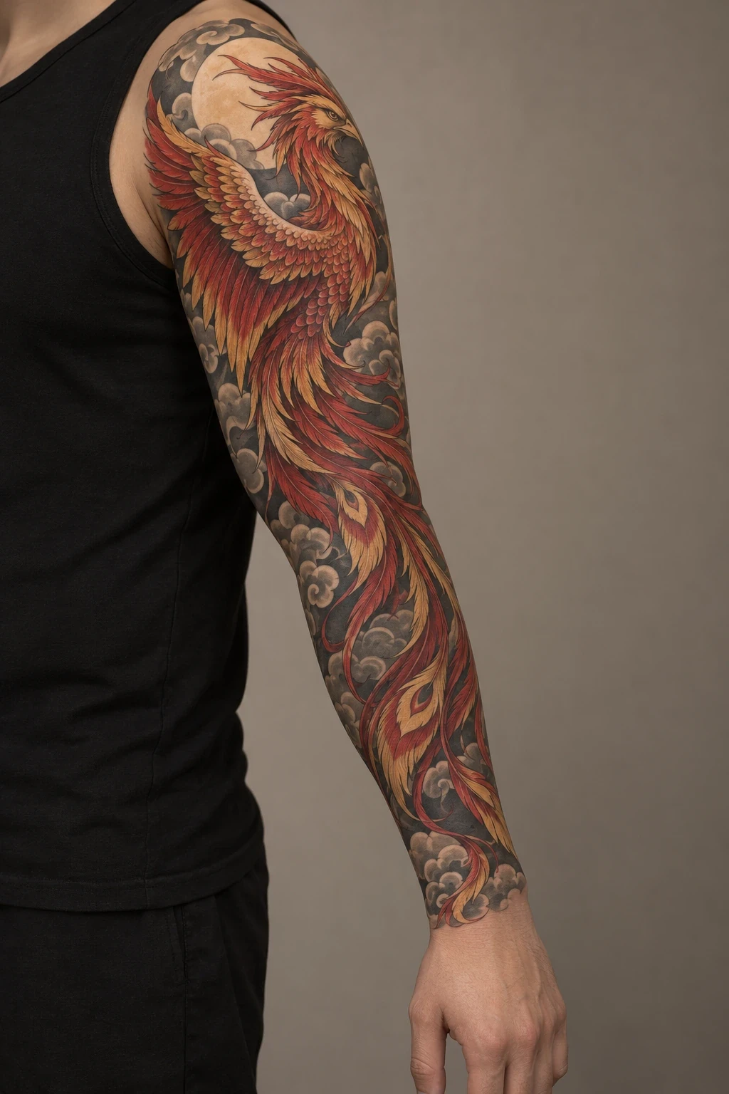 Red and gold phoenix with long tail feathers in a full sleeve concept